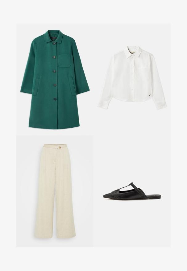 Grön ullkappa med krage, knappstängning och långa ärmar. Har en bröstficka och två sidfickor, slät textur.; Vit kortärmad skjorta med lång ärm i bomull. Har en knapp-up framsida, en bröstficka och en liten svart logotyp längst ner till vänster.; Breda byxor i beige linne med framknäppning, veck och en slät textur.; Svart läderslingback-sko med spetsig tå, med en vävd detalj och plisserad överdel. Platt sula med minimal hårdvara.