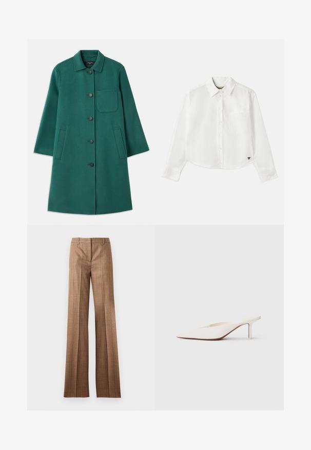Zelený vlnený kabát s golierom, zapínaním na gombíky a dlhými rukávmi. Obsahuje náprsné vrecko a dve postranné vrecká, hladká textúra.; Biely skrátený dlhý rukáv košeľa vyrobená z bavlny. Má gombíkový predný zapínanie, vrecko na hrudi a malé čierne logo na spodnej ľavej strane.; Hnedé kárované nohavice s rovnými nohavicami, pútkami na opasok a predným záhybom na svetlošedom pozadí.; Biele muly s ostrou špičkou a nízkym stiletto podpätkom. Vyrobené z hladkého materiálu s minimalistickým dizajnom a jemným detailom na tanovej podrážke.