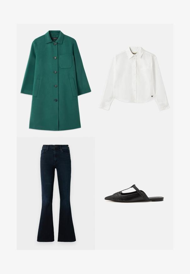 Zeleni vuneni kaput s ovratnikom, zatvaranjem na gumbe i dugim rukavima. Ima džep na prsima i dva bočna džepa, glatka tekstura.; Bijela skraćena košulja dugih rukava napravljena od pamuka. Ima gumb za zatvaranje sprijeda, džep na prsima i mali crni logotip na donjem lijevom dijelu.; Tamno plave flare traperice od denima, s visokim strukom, standardnim džepovima i suptilnim izblijedjenjem na tkanini.; Crne kožne cipele s remenom oko pete i šiljastim vrhom, s pletenim naglaskom i nabranim gornjim dijelom. Ravni đon s minimalnim hardverom.