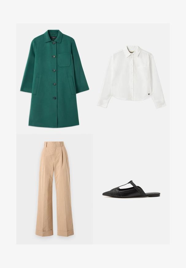 Groene wollen jas met een kraaghalslijn, knoopsluiting en lange mouwen. Heeft een borstzak en twee zijzakken, met een gladde textuur.; Witte, cropped, langemouwen shirt van katoen. Heeft een knoopsluiting aan de voorkant, een borstzak en een klein zwart logo op de linksonder.; Beige wijde broek met hoge taille, voorzien van plooien en een gladde textuur. De mouwen zijn omgevouwen, wat een gestructureerd detail toevoegt.; Zwarte leren slingback schoen met een puntige neus, voorzien van een gevlochten accent en geplooid ontwerp aan de bovenkant. Platte zool met minimale hardware.