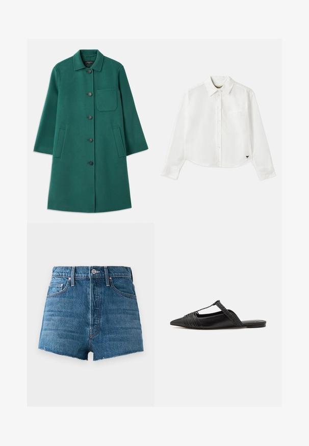 Zeleni vuneni kaput s ovratnikom, zatvaranjem na gumbe i dugim rukavima. Ima džep na prsima i dva bočna džepa, glatka tekstura.; Bijela skraćena košulja dugih rukava napravljena od pamuka. Ima gumb za zatvaranje sprijeda, džep na prsima i mali crni logotip na donjem lijevom dijelu.; Plave traperice s visokim strukom, kratke hlače, sa prednjim gumbom, petljama za remen, pet džepovima i sirovim rubom na običnoj pozadini.; Crne kožne cipele s remenom oko pete i šiljastim vrhom, s pletenim naglaskom i nabranim gornjim dijelom. Ravni đon s minimalnim hardverom.