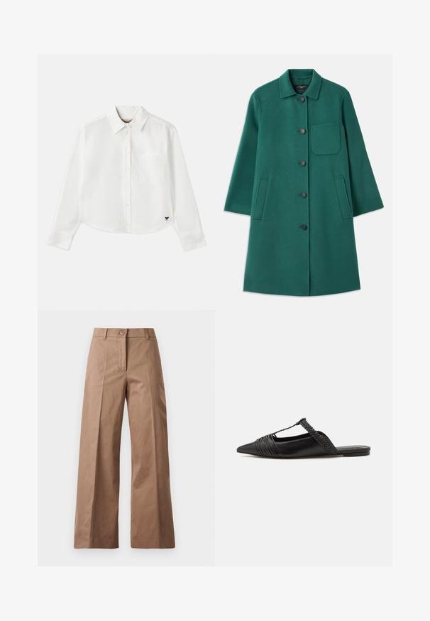 Manteau en laine vert avec un col, fermeture à boutons et manches longues. Comprend une poche poitrine et deux poches latérales, texture lisse.; Chemise blanche à manches longues raccourcie en coton. Elle présente un devant à boutons, une poche sur la poitrine et un petit logo noir en bas à gauche.; Pantalons larges marron en tissu lisse, dotés d'une fermeture à bouton à l'avant, de deux poches avant et de lignes nettes et ajustées.; Chaussure en cuir noir à talon ouvert avec un bout pointu, présentant un accent tressé et un design supérieur plissé. Semelle plate avec un matériel minimal.