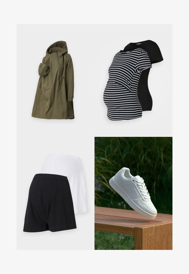 Zeleno dolge rokave jakne iz mehkega materiala. Ima zadrgo spredaj, kapuco z vrvico, elastične manšete in stranske žepe s šivnimi podrobnostmi.; Dve majice za nosečnice: ena črna, druga črno-bež črtasta. Obe imata kratke rokave in ukrivljen rob, zasnovani za udobje med nosečnostjo.; Črno-bela rebrasta kratka hlače z elastičnim pasom; črna na levi, bela na desni. Gladka tekstura in dolžina nad kolenom.; Bela teniska s gladkim sintetičnim zgornjim delom, perforiranim prednjim delom, ravnimi vezalkami in teksturiranim podplatom, prikazana na leseni površini.