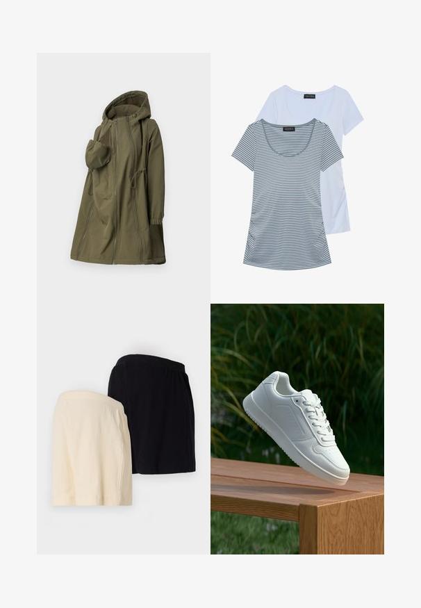 Zelená bunda s dlouhým rukávem vyrobená z měkkého materiálu. Má přední zip, kapuci na stažení, elastické manžety a boční kapsy s detailem šití.; Dvě trička: jedno jednolité světle modré, druhé šedé s horizontálními pruhy. Obě mají kulatý výstřih a krátké rukávy.; Dvoje plisovaných šortek: jedny krémové a jedny černé, obě s elastickým pasem a volným střihem.; Bílé tenisky s hladkým syntetickým svrškem, perforovanou špičkou, plochými tkaničkami a texturovanou podrážkou, vystavené na dřevěném povrchu.