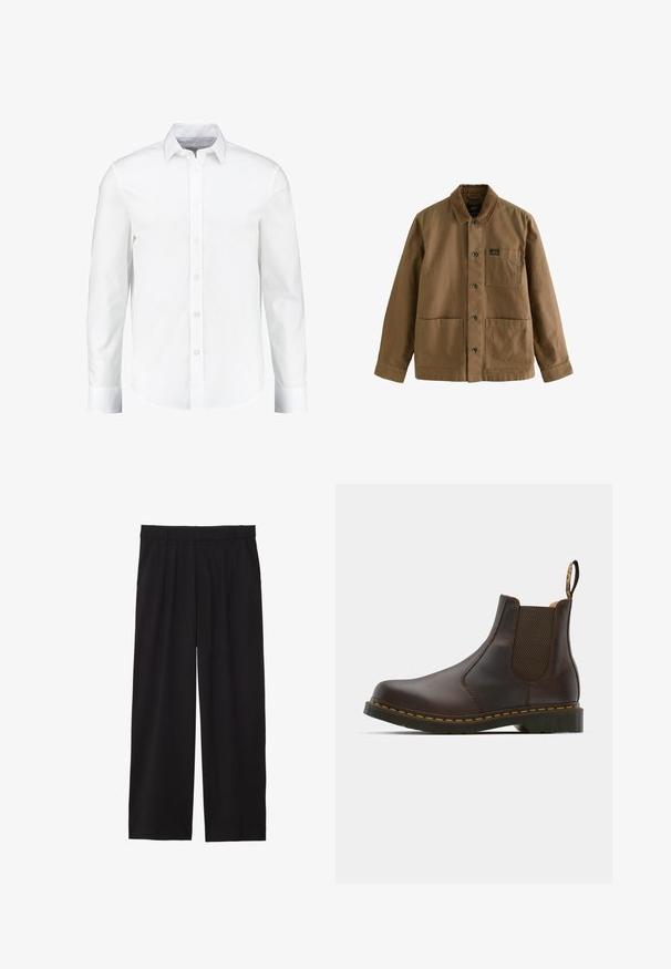 Bruine katoenen jas met een knoopsluiting aan de voorkant, kraag en twee voorzakken. Heeft een zak op de linkerborst en metalen knopen.; Witte lange mouwen overhemd met knopen, gemaakt van glad katoen. Heeft een klassieke kraag en een knoopsluiting aan de voorkant met een rechte zoom.; Zwarte wijde broek met geplooide voorkant, zijzakken en een gladde stoftextuur. Ontworpen voor een ontspannen pasvorm.; Bruine leren Chelsea-boot met elastische zijpanelen, gestructureerde hak en contrasterende gele stiksels. Voorzien van een trekband voor gemakkelijk aan- en uittrekken.