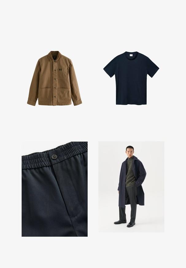 Hnědá bavlněná bunda s knoflíkovým zapínáním, límcem a dvěma předními kapsami. Obsahuje kapsu na levém prsu a kovové knoflíky.; Námořnický modrý tričko s krátkým rukávem vyrobené z měkké bavlny, s kulatým výstřihem a čistým, rovně střiženým lemováním bez viditelných vzorů.; Námořnická modrá, lehká tkanina s hladkým povrchem. Obsahuje elastický pas s knoflíkovým uzávěrem a jednu boční kapsu.; Námořnický kabát s knoflíkovým zapínáním, zelený texturovaný svetr, černé kalhoty a černé kožené boty. Hladká tkanina se strukturovaným siluetou.