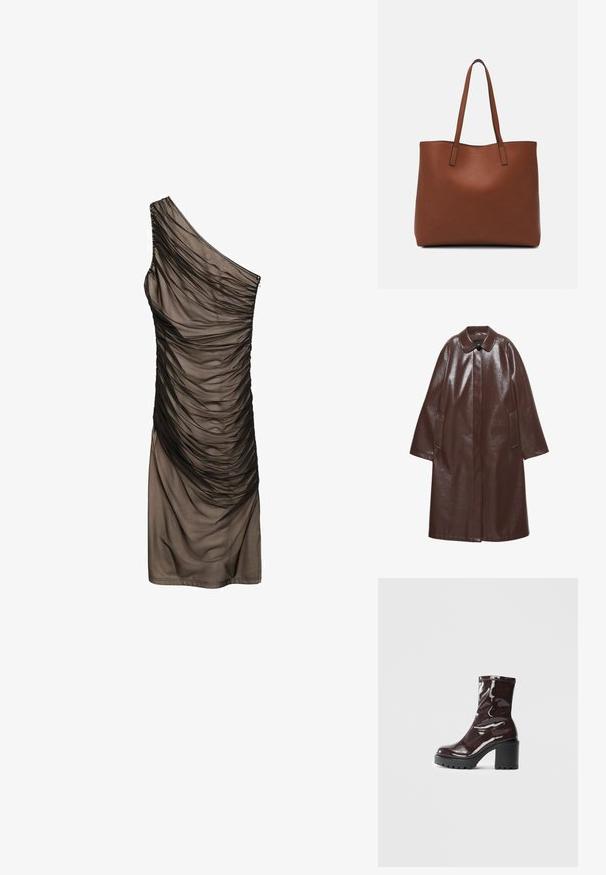 Langer dunkelbrauner Ledermantel mit spitzem Kragen, einem sichtbaren schwarzen Knopf, langen Ärmeln und zwei Seitentaschen.; Mango Freizeitkleid - black; Glatte bordeauxrote Ankle Boots mit einem klobigen schwarzen Absatz, die eine glatte Oberfläche und ein einfaches Design aufweisen. Keine sichtbaren Verschlüsse oder Muster.; Braune Leder-Tote mit glatter Textur, offenem Oberteil und zwei Schulterriemen. Verfügt über minimale Nähte und keine sichtbaren Beschläge.