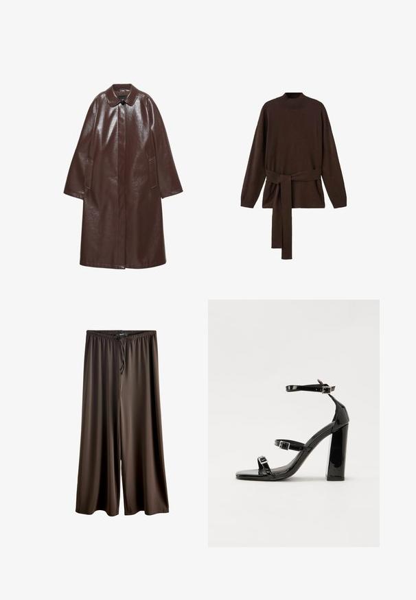 Palton lung din piele maro închis, cu guler ascuțit, un singur buton negru vizibil, mâneci lungi și două buzunare laterale.; Pulover tricotat maro cu guler înalt, mâneci lungi și o curea asortată la talie. Textură moale și croi lejer.; Pantaloni evazați maro, confecționați dintr-un material neted și ușor. Au o talie elastică cu șnur pentru o ajustare confortabilă.; Sandale cu toc din patent negru, cu vârf pătrat, curele la gleznă și catarame din argint. Dispune de un toc gros pentru stabilitate.