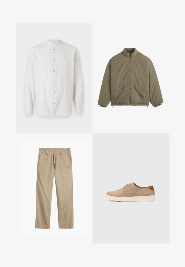 Olivengrøn zip-up jakke med høj krave, to frontlommer med klap og knapper, elastiske manchetter og snoretræk i bunden.; Stripet skjorte i lys creme og subtil beige, med stiv krave, lange ærmer og runde knapper foran.; Beige lige ben chinos med bæltestropper, frontknap og lynlås lukning samt skrå frontlommer.; Beige ruskinds sneakers med rund tå, snørebånd foran og en struktureret rygdetalje. Hvid gummisål giver kontrast. Enkel og moderne design.