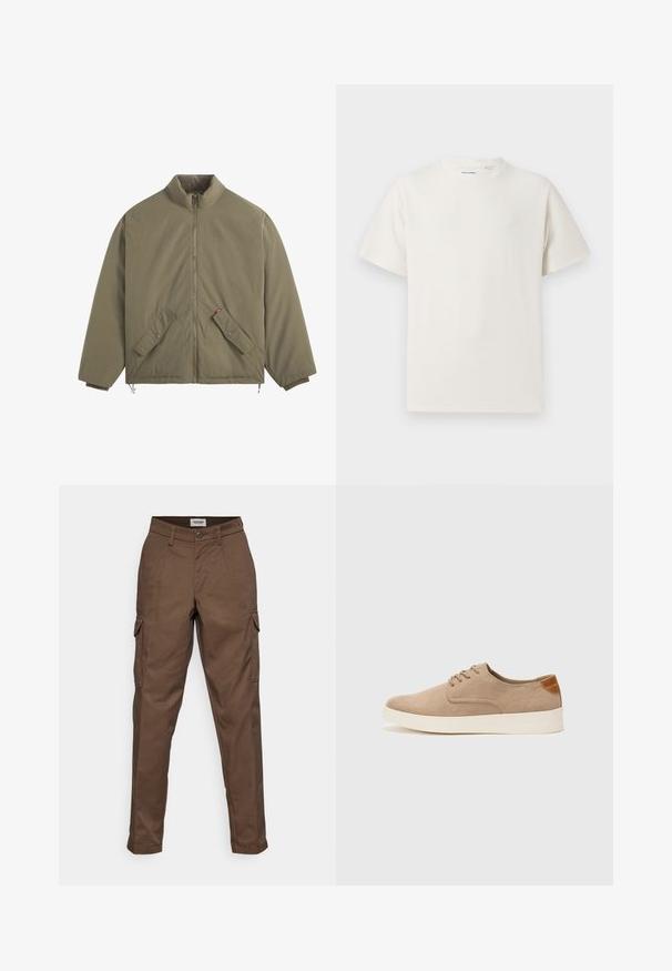 Veste zippée olive avec col montant, deux poches à rabat à l'avant avec boutons, poignets élastiques et ourlet à cordon.; T-shirt blanc à manches courtes en texture côtelée. Encolure ronde, coupe décontractée, sans motifs ni accents visibles. Design simple et polyvalent.; Pantalons cargo marron avec une taille plate, deux poches latérales et une poche cargo sur la jambe gauche. Fabriqués en tissu durable avec une coupe droite.; Baskets en daim beige avec un embout arrondi, un laçage sur le devant et un accent texturé à l'arrière. La semelle en caoutchouc blanche offre un contraste. Design simple et moderne.