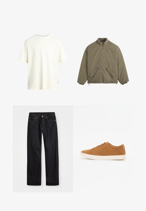 Giacca verde oliva con zip e alta collana, due tasche anteriori con pattina e bottoni, polsini elasticizzati e orlo con cordino.; T-shirt a maniche corte, con collo rotondo, di colore avorio, realizzato in morbido cotone, caratterizzato da un taglio dritto e un design minimalista senza motivi.; Jeans neri in denim dritto da uomo con cinque tasche e cuciture arancioni, chiusura con bottone e zip sulla vita anteriore.; Sneaker in suede marrone con design low-top, suola in gomma bianca e punta rotonda. Presenta lacci abbinati e una grafica minimal sul tallone.