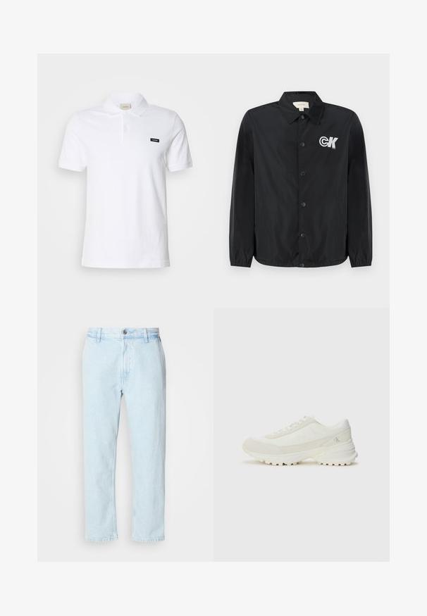 Calvin Klein Jeans Bomberjacke - black; Weißes Baumwoll-Polohemd mit klassischem Kragen, kurzen Ärmeln und einem kleinen schwarzen Calvin Klein-Logo auf der linken Brust.; Hellblaue gerade geschnittene Jeans mit Gürtelschlaufen und Knopfverschluss, flach auf einem weißen Hintergrund präsentiert.; Weiße Sportschuhe mit einem Obermaterial aus Mesh und Wildleder, abgerundeter Zehenpartie, flachen Schnürsenkeln und einer strukturierten, dicken Gummisohle. Logos an der Seite und der Ferse.