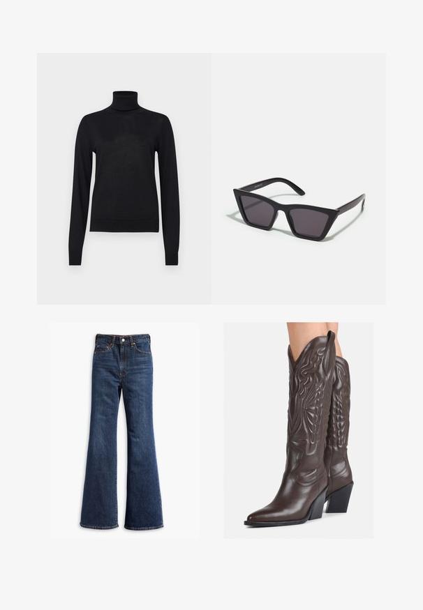 Schwarze, cropped Jacke aus strukturiertem Stoff, mit rundem Halsausschnitt und durchgehendem Reißverschluss vorne. Lange Ärmel mit entspannter Passform.; GAP Strickpullover - black; Hochtaillierte dunkelblaue Jeans mit ausgestellten Beinen, Vorderknopf- und Reißverschluss sowie Fünf-Taschen-Design.; Braune Leder-Cowboy-Stiefel mit spitzem Punkt und Blockabsatz, die über detaillierte Stickereien und hervorgehobene Akzente am Schaft verfügen.; Schwarze, eckige Sonnenbrille mit grauen Gläsern; aus Kunststoff gefertigt, mit dicken Bügeln, die eine glatte Oberfläche und keine sichtbaren Beschläge haben.