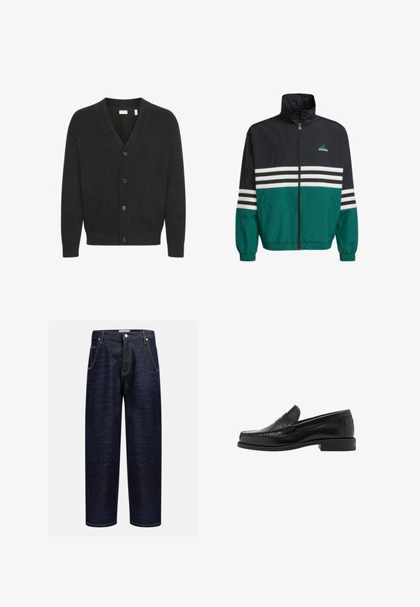 Schwarz-türkisfarbene Windbreakerjacke mit hohem Kragen, Reißverschluss und weißen horizontalen Streifen. Mit einem Adidas-Logo auf der Brust.; Solid SDNALLI - Strickjacke - true black; Schwarzes Baumwoll-T-Shirt mit Rundhalsausschnitt, kurzen Ärmeln und geradem Saum. Glatte Textur; schlichtes, ungeschmücktes Design.; Dunkelblaue Jeans im geraden Schnitt, ausgestattet mit fünf Taschen, Kupferriegeln und kontrastierendem Nähen entlang der Nähte.; Schwarze Lederloafer mit glatter Oberfläche, genähten Details an der Zehe und einem flachen Absatzdesign für Komfort und Stil.