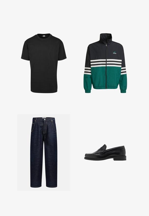 Czarna i turkusowa kurtka przeciwwiatrowa z wysokim kołnierzem, zamkiem błyskawicznym i białymi poziomymi paskami. Posiada logo Adidas na piersi.; Czarna bawełniana koszulka z okrągłym dekoltem, krótkimi rękawami i prostym dołem. Gładka faktura; prosty, nieozdobiony design.; Ciemnoniebieskie dżinsy o prostym kroju, z pięcioma kieszeniami, miedzianymi nity oraz kontrastowym ściegiem na szwach.; Czarne skórzane mokasyny o gładkim wykończeniu, ze stębnowaniem na nosie i niskim obcasem, zapewniającymi komfort i styl.