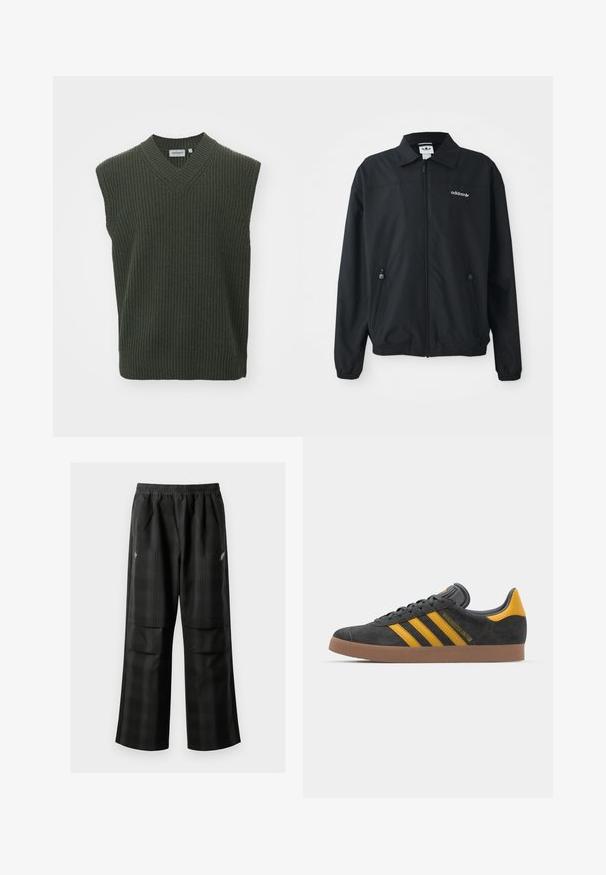 Jachetă neagră cu fermoar, fabricată dintr-un material ușor. Are un guler ascuțit, două buzunare laterale cu fermoar și un logo brodat pe piept.; Carhartt WIP MARLON - Pulover - office green; Pantaloni cu un model carourile negre, având talie elastică, două buzunare frontale și un croi lejer cu picioare drepte. Construiți dintr-un material ușor.; Tenisi negri din suede cu accente galbene, având trei dungi și o talpă din cauciuc maroniu. Include un limba căptușită pentru confort.