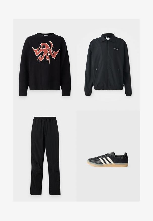 Crna jakna na zatvarač napravljena od laganog materijala. Ima uspravni ovratnik, dva bočna džepa sa zatvaračem i izvezeni logo na grudima.; Crni pulover s okruglim izrezom, s teksturiranim, apstraktnim crvenim i krem uzorkom na prednjoj strani. Rebrasti manžeti i donji rub.; Crne nica hlače s elastičnim pojasom, s laganim teksturiranim završetkom i naglašenim šavovima za moderan dizajn.; Crni atletski tenisice s bijelim prugama, teksturiranom tkaninom, glatkim kožnim vrhom i gumiranim potplatom. Sadrži logotip na jeziku.