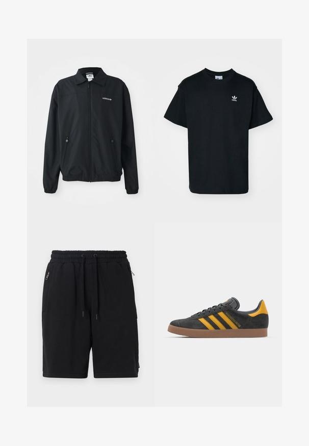 Zwarte zip-up jack gemaakt van lichtgewicht stof. Kenmerken een puntige kraag, twee zijzakken met ritsen en een geborduurd logo op de borst.; Zwarte katoenen t-shirt met een ronde hals en korte mouwen, voorzien van een klein wit Adidas-logo op de linkerborst.; Zwarte shorts van zachte stof, met een elastische tailleband en trekkoord, twee zijzakken met rits en een eenvoudig ontwerp.; Zwarte suède sneakers met gele accenten, voorzien van drie strepen en een bruine rubberen zool. Inclusief een gevoerde tong voor comfort.