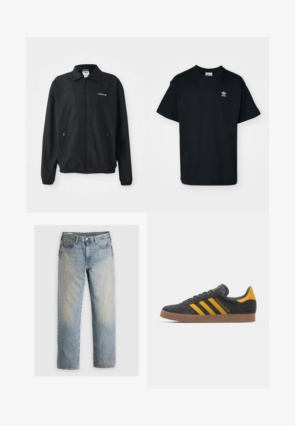 Mustmust valmistatud kergest kangast must jakk. Omab teravat kraed, kahte külge taskut lukuga ja brodeeritud logo rinnal.; Must musta T-särk lühikeste varrukatega ja ümmarguse kaelusega, mille vasakul rinnal on väike valge Adidas logo.; Heled sinised teksad otse jalgade disainiga, viie-tasku stiil ja nähtavad õmblused. Kulunud pesu ja messingist riistade detailid.; Mustad sametist spordijalatsid kollaste aktsentidega, millel on kolm triipu ja pruun kummitald. Mugavuse tagamiseks on neil pehmendatud keele osa.