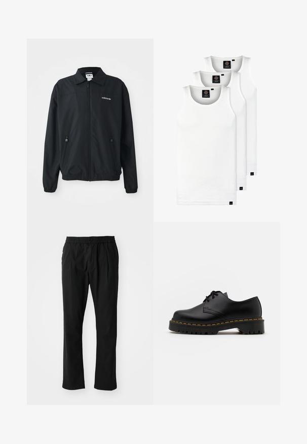 Juodas užtraukiamas džemperis, pagamintas iš lengvos medžiagos. Jame yra smailus kraštas, dvi šoninės kišenės su užtrauktukais ir siuvinėtas ženklas ant krūtinės.; Trys balti, dryžuoti marškiniai be rankovių, pagaminti iš medvilnės. Yra apvalus kaklas ir maži juodi etiketės netoli siūlės. Siūlomi įvairių dydžių.; Juodos kelnės, pagamintos iš lengvos medžiagos, su elastinga juosmeniu. Turi užtrauktuko uždarymą, tiesias kojines ir subtilias priekinės klostes.; Juoda odinė lakuota avalynė su apvaliu pirštu, tekstūruota gumine padu ir geltona siūlelių apdaila aplink bazę. Lygus dizainas ir glotnus paviršius.