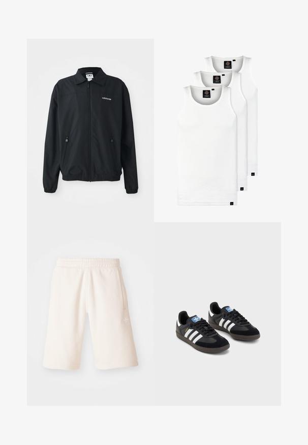 Juodas užtraukiamas džemperis, pagamintas iš lengvos medžiagos. Jame yra smailus kraštas, dvi šoninės kišenės su užtrauktukais ir siuvinėtas ženklas ant krūtinės.; Trys balti, dryžuoti marškiniai be rankovių, pagaminti iš medvilnės. Yra apvalus kaklas ir maži juodi etiketės netoli siūlės. Siūlomi įvairių dydžių.; Kreminės spalvos medvilniniai šortai su elastiniu juosmeniu, šoninėmis kišenėmis ir subtiliu logotipu kairėje kojoje. Slydus tekstūra ir kelio ilgio dizainas.; Juodi sportiniai bateliai su zomšos ir sintetine viršutine dalimi, turintys tris baltas juosteles, tekstūruotą gumos pado paviršių ir mėlyną logotipo etiketę ant liežuvėlio.