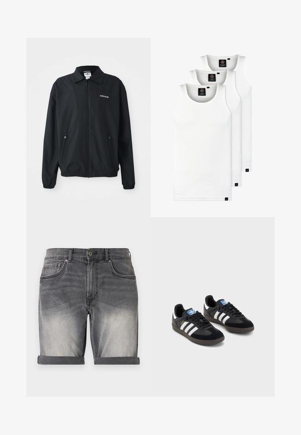 Veste noire zippée fabriquée en tissu léger. Elle présente un col pointu, deux poches latérales avec des zips et un logo brodé sur la poitrine.; Trois débardeurs blancs côtelés en coton. Présentent un col rond et de petites étiquettes noires près de l'ourlet. Disponibles en plusieurs tailles.; Shorts en denim noir délavé avec un ourlet retroussé, comportant cinq poches et un léger effet délavé à l'avant. Fermeture classique à boutons.; Des baskets noires avec une tige en suède et en matériaux synthétiques, dotées de trois rayures blanches, d'une semelle en caoutchouc texturé et d'une étiquette de logo bleue sur la languette.