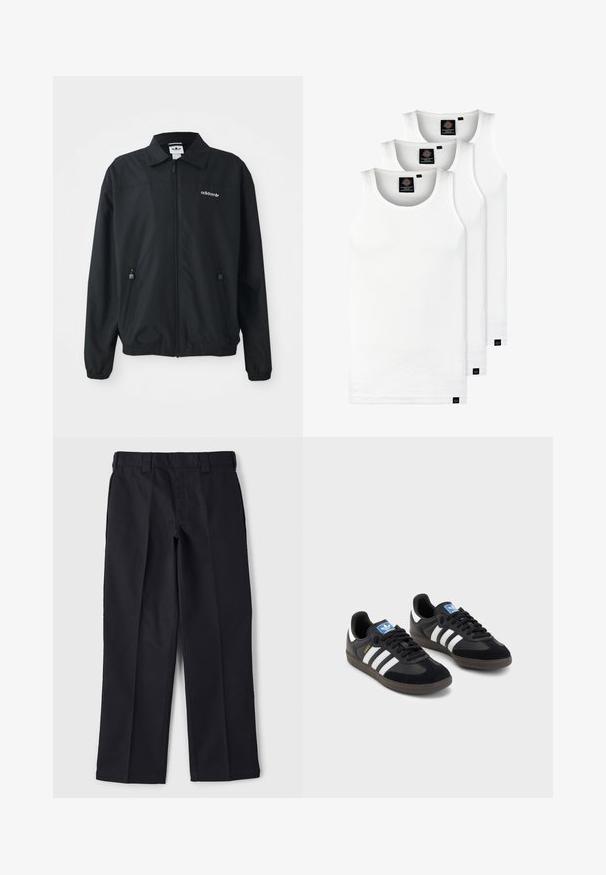 Čierna zipsová bunda vyrobená z ľahkej tkaniny. Má špicatý golier, dve bočné vrecká so zipsami a vyšívané logo na hrudi.; Tri biele rebrované tielka vyrobené z bavlny. Majú okrúhly výstrih a malé čierne štítky pri leme. Dostupné v rôznych veľkostiach.; Čierne nohavice vyrobené z odolného materiálu, s rovnými nohavicami, pásom s pútkom na opasok a bez viditeľných vreciek alebo ozdôb.; Čierne tenisky so zvrškom z semišu a syntetického materiálu, s tromi bielymi pruhmi, štruktúrovanou gumovou podrážkou a modrou logovou etiketou na jazyku.