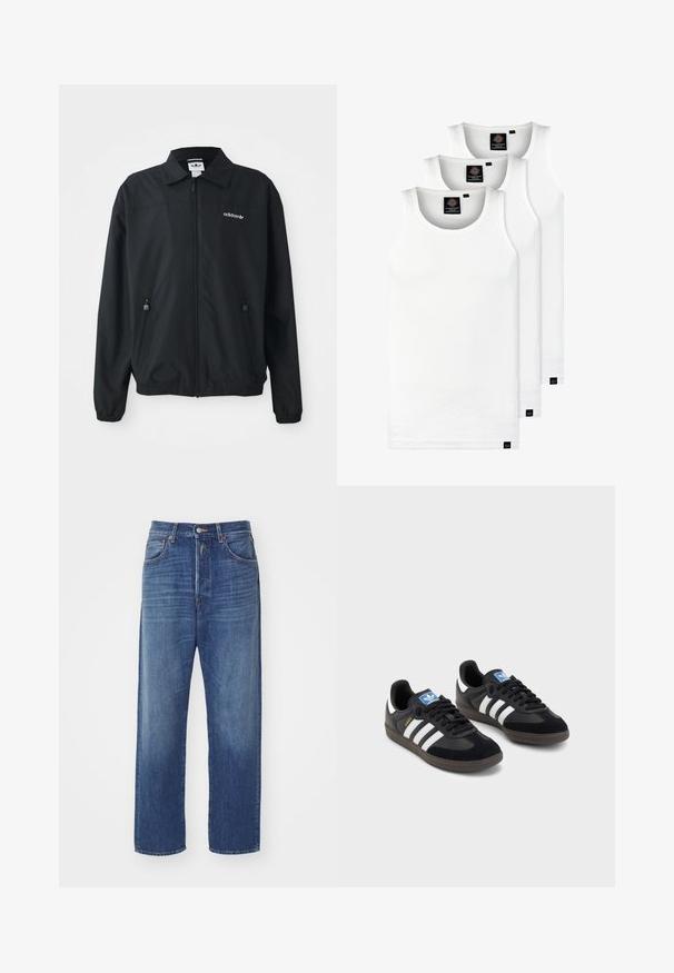 Svart zip-up jacka i lätt material. Har en spetsig krage, två sidofickor med dragkedja och en broderad logotyp på bröstet.; Tre vita ribbade linnen i bomull. Har rund halsringning och små svarta etiketter vid fållen. Finns i flera storlekar.; Mörkblå denimjeans med rak benform, som har en framknäppning med knapp, fem fickor och ljusa blekningsdetaljer på tyget.; Svarta sneakers med övre del av mocka och syntetmaterial, med tre vita ränder, texturerad gummisula och blå logotags på tungan.