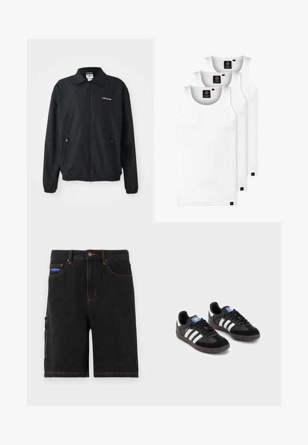 Jachetă neagră cu fermoar, fabricată dintr-un material ușor. Are un guler ascuțit, două buzunare laterale cu fermoar și un logo brodat pe piept.; Trei maieuri albe ribbate din bumbac. Au un guler rotund și etichete negre mici lângă tiv. Disponibile în mai multe mărimi.; Shorts din denim negru cu buzunare frontale, un buzunar lateral tip cargo și cusături portocalii. Prezintă un sistem de închidere cu un buton metalic și o etichetă cu brand.; Tenisi negri cu superior din suede și sintetic, având trei dungi albe, talpă din cauciuc texturat și etichetă albastră cu logo pe limbă.
