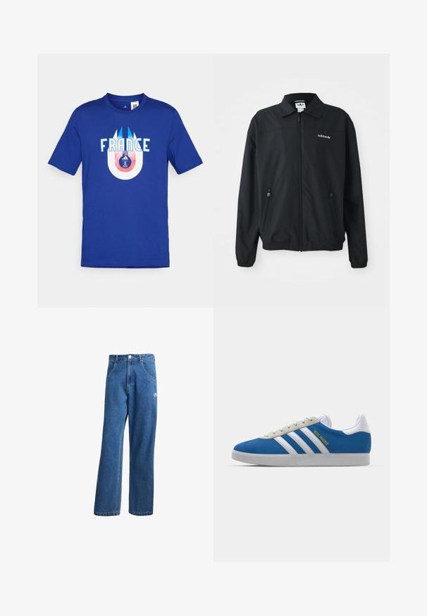 Sort zip-up jakke lavet af letvægtsstof. Har en spids krave, to sidelommer med lynlås og et broderet logo på brystet.; Blå bomulds T-shirt med ordet "FRANKRIG" i hvidt og en cirkulær grafik nedenfor, der viser en fodbold og et logo i rødt og blåt.; Blå højtaljede viddebukser i denim med forlommer, bælteløkker, knaplukning og lille Adidas-logo på højre lår.; adidas Originals ADIDAS GAZELLE SHOES - Indendørsfodboldstøvler - real madrid/bluebird/footwear white/crew yellow