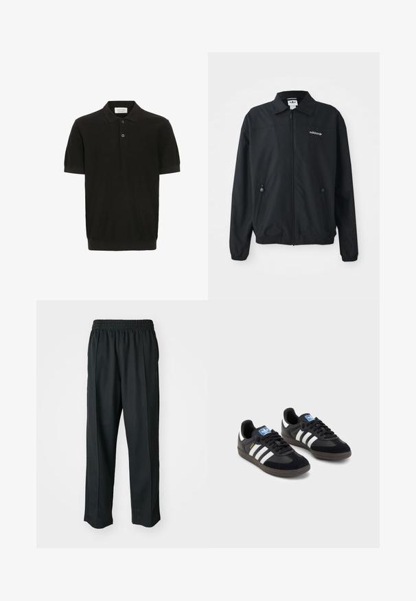 Fekete, zipzáros dzseki könnyű anyagból. Jellemzői közé tartozik a hegyes gallér, két oldalsó zseb cipzárral és egy hímezett logó a mellkason.; Fekete, rövid ujjú pólóing strukturált felülettel, három gombos nyakkivágással és klasszikus gallérral. Szűk, bordázott alsó szegéllyel rendelkezik.; Fekete sportnadrág rugalmas derékkal, sima anyagból készült, finom oldalvarrással és laza illeszkedéssel, egyenes lábdesignnal.; Fekete sportcipők, velúrból és szintetikus anyagból készült felsőrésszel, három fehér csíkkal, textúrázott gumitalppal és kék logó címkével a nyelvén.