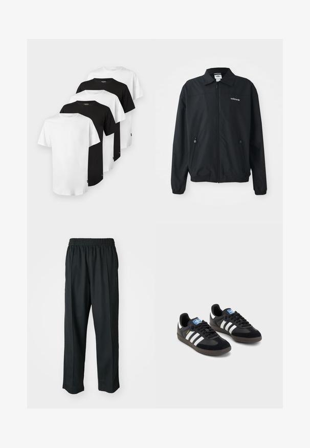 Black zip-up jacket made of lightweight fabric. Features a pointed collar, two side pockets with zippers, and an embroidered logo on the chest.; Set of five T-shirts: three white and two black. Classic crew-neck design, short sleeves, cotton fabric, smooth texture, standard fit.; Black athletic pants with an elastic waistband, made of smooth fabric, featuring subtle side stitching and a relaxed fit, straight leg design.; Black sneakers with a suede and synthetic upper, featuring three white stripes, textured rubber sole, and blue logo tag on the tongue.