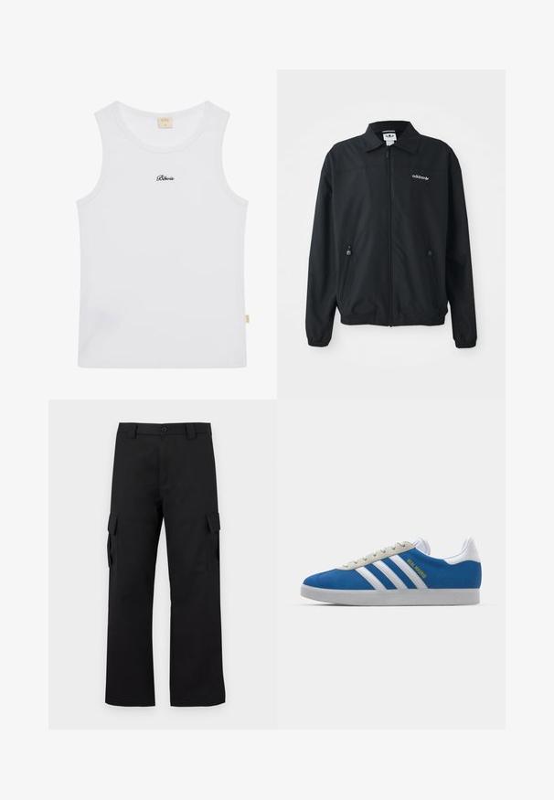 Veste noire zippée fabriquée en tissu léger. Elle présente un col pointu, deux poches latérales avec des zips et un logo brodé sur la poitrine.; Débardeur blanc à côtes avec un col rond et le texte "Blevis" brodé en noir sur la poitrine. Tissu doux avec un léger extensibilité.; Pantalons cargo noirs avec une coupe droite. Fabriqués à partir d'un tissu durable, ils disposent de deux poches latérales avec fermetures à rabat et d'un zip à bouton.; adidas Originals ADIDAS GAZELLE SHOES - Chaussures de football en salle - real madrid/bluebird/footwear white/crew yellow