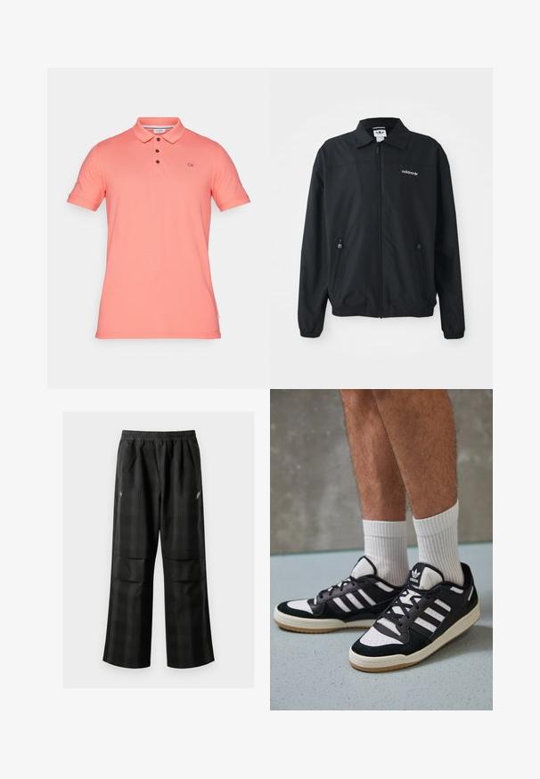 Čierna zipsová bunda vyrobená z ľahkej tkaniny. Má špicatý golier, dve bočné vrecká so zipsami a vyšívané logo na hrudi.; Korálová polo košeľa z bavlny, s klasickým golierom, trojicoj gombíkovou légou a vyšitým logom CK na hrudi. Krátke rukávy.; Čierne kockované nohavice s elastickým pásom, dvoma prednými vreckami a voľným strihom so rovnými nohavicami. Vyrobené z ľahkého materiálu.; Čierno-biele tenisky s vrchom z semišu a kože, s troma bielymi pruhmi, perforovanou špičkou a gumovou podrážkou.