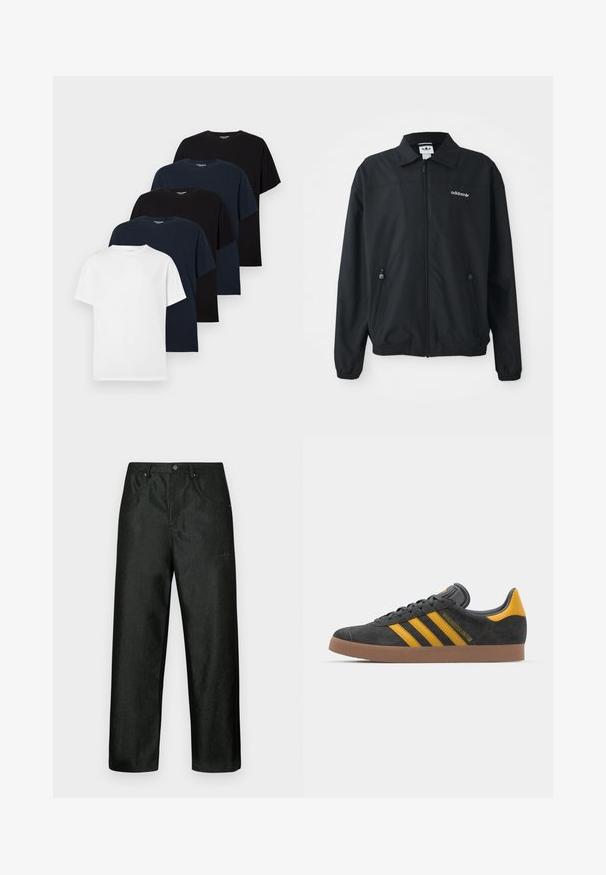 Chaqueta negra con cremallera, hecha de un tejido ligero. Presenta un cuello puntiagudo, dos bolsillos laterales con cremalleras y un logo bordado en el pecho.; Cinco camisetas de cuello redondo de manga corta en colores sólidos, alternando entre negro, azul marino y blanco, dispuestas en una pila escalonada sobre un fondo blanco.; Pantalones negros con un ligero brillo, con un diseño de pierna recta, dos bolsillos delanteros y un logo discreto en la parte superior izquierda.; Zapatillas de ante negro con acentos amarillos, que presentan tres franjas y una suela de goma marrón. Incluyen una lengüeta acolchada para mayor comodidad.
