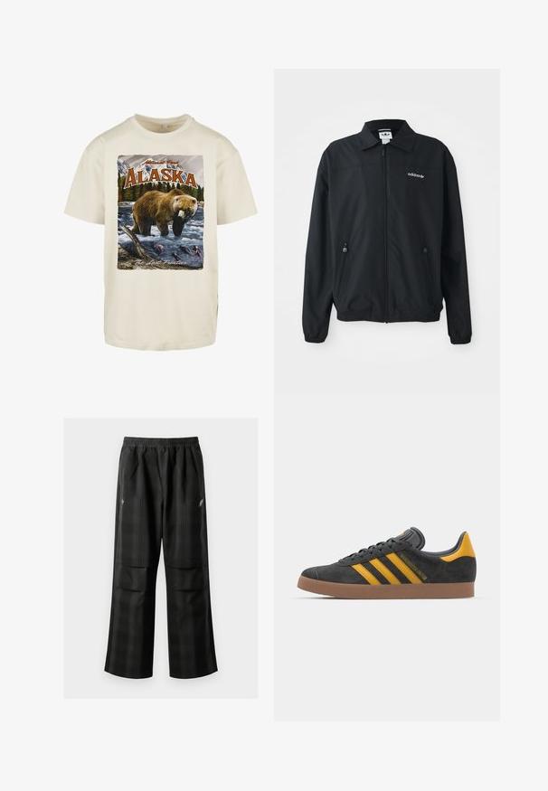 Černá zipová bunda vyrobená z lehkého materiálu. Má špičatý límec, dvě boční kapsy se zipy a vyšitý logo na hrudi.; Krémové bavlněné tričko s grafickým potiskem hnědého medvěda ve vodě, hor a stromů, s nápisy "Aljaška" a "Poslední hranice."; Černé kostkované kalhoty s elastickým pasem, dvěma předními kapsami a volným střihem se rovnými nohavicemi. Vyrobeny z lehkého materiálu.; Černé semišové tenisky se žlutými akcenty, vybavené třemi pruhy a hnědou gumovou podrážkou. Obsahují polstrovaný jazyk pro pohodlí.
