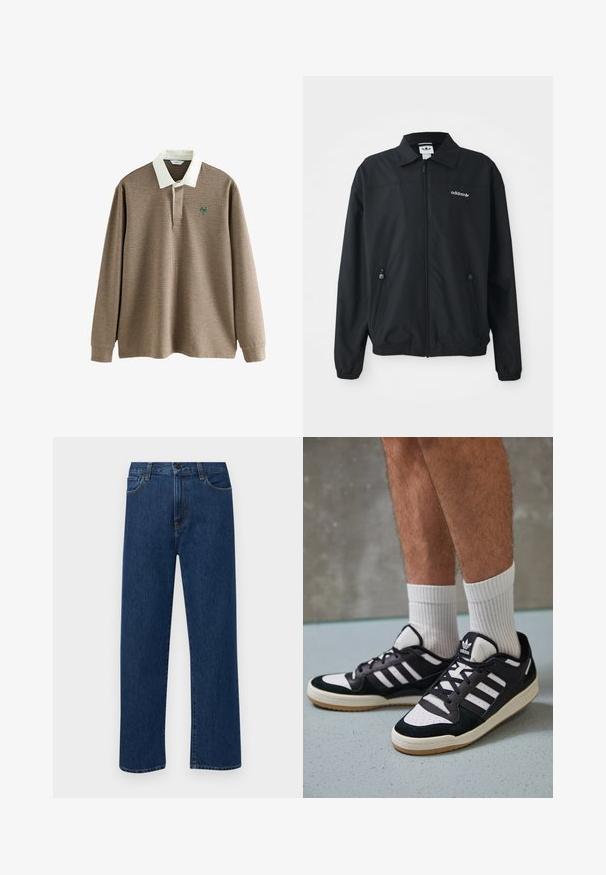 Melnā jaciņa ar rāvējslēdzēju, kas izgatavota no viegla materiāla. Tajā ir punktots apkakle, divas sānu kabatas ar rāvējslēdzējiem un izšūta logo uz krūtīm.; Brūnas un krēmkrāsas houndstooth raksta garajām piedurknēm polo krekls ar baltu apkakli un zaļu logotipu uz krūtīm. Mīksta auduma tekstūra.; Tumši zilas taisnas kājas denim bikses ar priekšējām kabatām un pogu aizdari, izvietotas uz vienkārša baltā fona.; Melnas un baltas kedas ar zamša un ādas augšdaļu, kas aprīkotas ar trim baltām svītrām, perforētu purngali un gumijas zolēm.