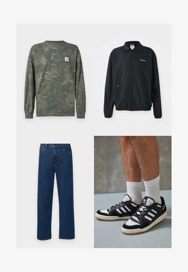 Black zip-up jacket made of lightweight fabric. Features a pointed collar, two side pockets with zippers, and an embroidered logo on the chest.; Long-sleeve camouflage shirt in green and brown tones with a small square Carhartt logo patch on the left chest.; Dark blue straight-leg denim jeans with front pockets and a button closure, displayed on a plain white background.; Black and white sneakers with a suede and leather upper, featuring three white stripes, a perforated toe, and a gum rubber sole.