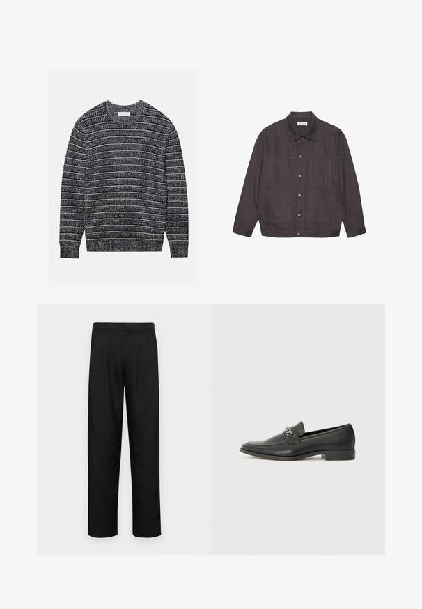 Czarna szara kurtka z kołnierzykiem, zapinana na guziki z przodu, z dwiema dużymi kieszeniami. Wykonana z wytrzymałego materiału, z subtelnymi przeszyciami.; Sweter dziewiarski w poziome pasy w ciemnoszarym i białym kolorze, okrągły dekolt, ściągacze na rękawach i dole. Miękka tekstura, regularny krój.; Czarne spodnie wykonane z gładkiego materiału, z prostą nogawką, dwoma fałdami z przodu oraz standardowym paskiem z wypustkami na pasek.; Czarne skórzane mokasyny o gładkim wykończeniu, z haftowanym wzorem i dekoracyjnym akcentem z metalowego łańcucha na wierzchu. Płaska pięta.