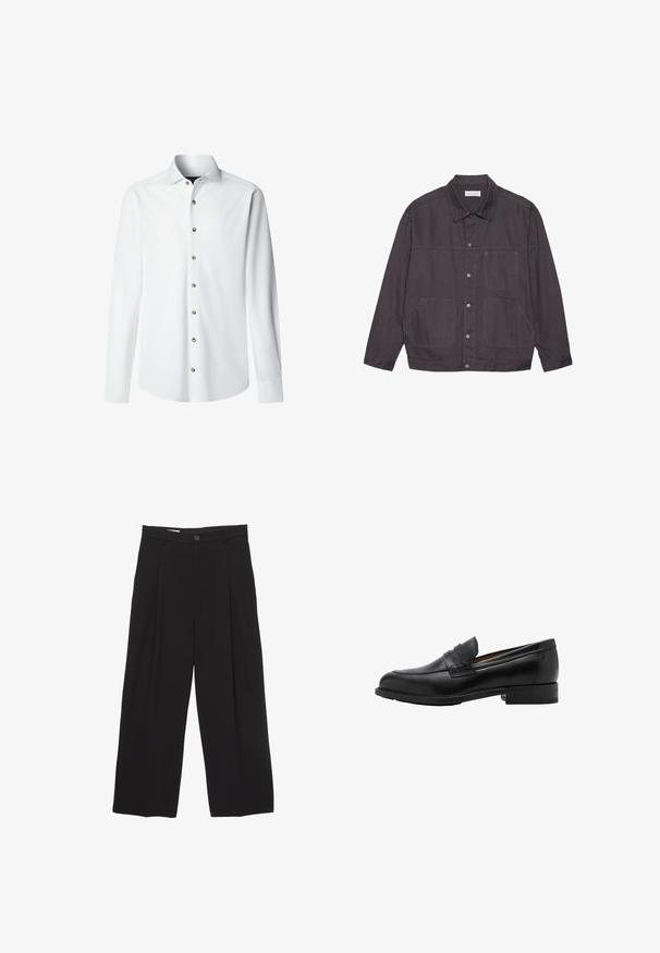 Donkergrijze jas met een kraag, knoopsluiting aan de voorkant en twee grote zakken. Gemaakt van duurzame stof, met subtiele stiksels als accent.; Witte lange mouwen shirt gemaakt van gladde stof met een knoopsluiting aan de voorkant. Bevat een klassieke kraag en messingkleurige knopen langs de knoopsluiting.; Zwarte wijde broek gemaakt van gladde stof, met een platte tailleband, voorplooien en een enkele knoopsluiting.; Zwarte leren instappers met een gestikte voorkant en een platte hak. Glad van textuur met een ronde neus en een decoratieve band over de wreef.