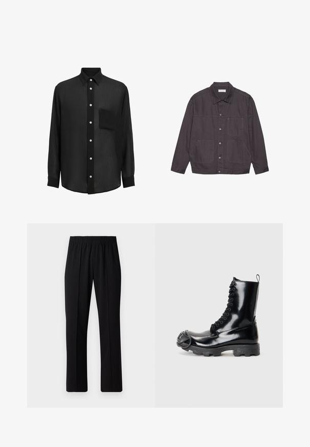 Tumehall soe jakk kraegekollaga, ees nupuga kinnitamine ja kaks suurt taskut. Valmistatud vastupidavast kangast, sisaldab õrna õmbluse aktsente.; Must mustvalge tekstuursedest materjalist. Omab pikki varrukasid, klassikalist kraed ja rinna Taskut. Nupud on valged.; Mustad, elastse puusärgid sirge säärega, mis on sileda tekstuuriga ja ilma nähtavate mustrite või riistadega.; Must mustekatse nahast lahingukingad läikiva viimistlusega, nöörimisega disain, paks kummist tald ja eriline eesmine riistvara detail.