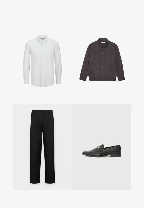 Veste gris foncé avec un col, fermeture à boutons à l'avant et deux grandes poches. Fabriquée en tissu résistant, avec des accents de couture subtils.; Chemise blanche à manches longues à boutons, fabriquée en tissu léger, dotée d'un col classique et d'une texture subtile. Boutons de couleur assortie.; Pantalons noirs en tissu lisse, avec une coupe droite, deux plis avant et une taille standard avec passants de ceinture.; Mocassin en cuir noir avec une finition lisse, présentant un design cousu et une accent décoratif en chaîne métallique sur le rand. Talon plat.