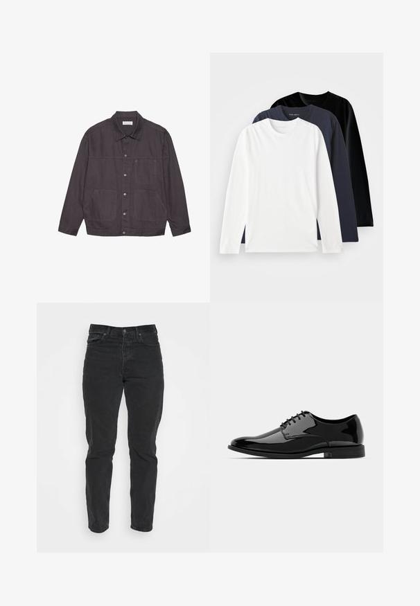 Chaqueta de color gris oscuro con cuello, cierre frontal de botones y dos grandes bolsillos. Hecha de un tejido duradero, presenta sutiles detalles de costura.; Tres camisetas de manga larga apiladas: una blanca, una azul marino oscuro y una negra. Hechas de algodón suave, con cuellos redondos y aberturas laterales.; Jeans de denim negro con un corte recto, cinco bolsillos, cierre frontal con botón y costuras en contraste. Textura suave con un leve desgaste visible.; Zapato de vestido de charol negro con puntera redondeada, diseño de cordones y superficie lisa y brillante. Cuenta con una suela de goma de perfil bajo.