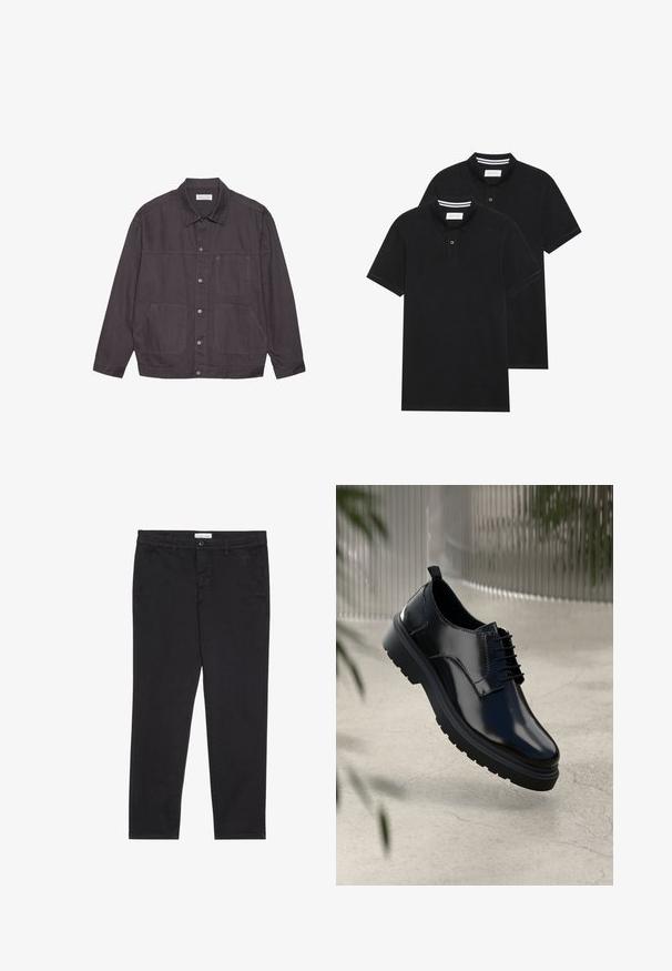 Tmavě šedá bunda s límcem, zapínáním na knopky v přední části a dvěma velkými kapsami. Vyrobena z odolné látky, s jemnými akcenty v prošívání.; Dvě černé polokošile s krátkým rukávem z bavlny, s klasickým límcem, dvouknoflíkovou légou a bílými pruhovanými akcenty uvnitř límce.; Černé bavlněné kalhoty s úzkým střihem, které mají dvě boční kapsy a přední zapínání na knoflík. Texturovaná tkanina s jemnými detaily.; Černá kožená bota s lesklým povrchem, kulatou špičkou, šněrováním, kontrastním prošíváním a silnou gumovou podrážkou s vzorováním.