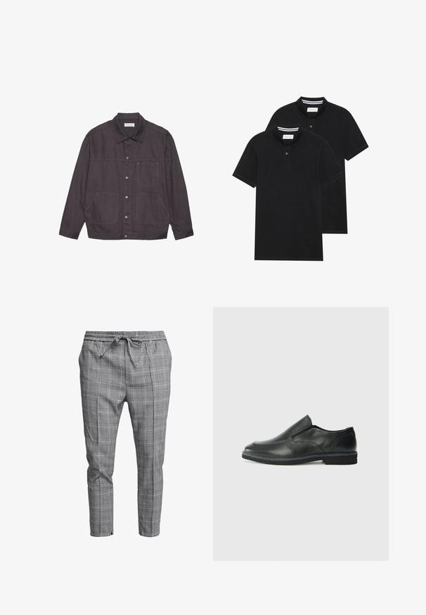 Casaco cinza escuro com gola, fechamento frontal por botões e dois bolsos grandes. Feito de tecido durável, apresenta detalhes de costura sutis.; Duas camisetas polo pretas, de manga curta, em material de algodão, com colarinho clássico, abertura com dois botões e detalhes em riscas brancas no interior do colarinho.; Calças cinzentas à quadrados com cintura elástica, cordão de ajustamento e pernas afuniladas. Apresentam um tecido leve e um padrão de xadrez subtil.; Sapato slip-on preto em pele com um upper liso, acabamentos cosidos, bico arredondado e um salto de borracha baixo. A sola apresenta um padrão de aderência mínimo.