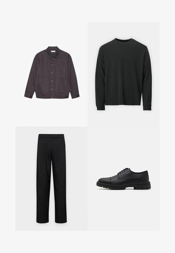 Dark gray jacket with a collared neck, front button closure, and two large pockets. Made of durable fabric, featuring subtle stitching accents.; Long-sleeve black T-shirt made of cotton, featuring a round neckline, loose fit, and ribbed cuffs. Smooth texture with no visible patterns.; Black trousers made of smooth fabric, featuring a straight-leg design, two front pleats, and standard waistband with belt loops.; Black leather lace-up shoes with a rounded toe, textured sides, and a chunky rubber sole featuring tread for grip.