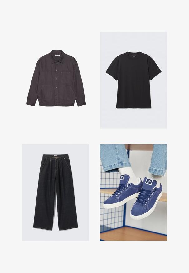 Donkergrijze jas met een kraag, knoopsluiting aan de voorkant en twee grote zakken. Gemaakt van duurzame stof, met subtiele stiksels als accent.; Zwarte korte mouwen T-shirt van katoen. Kenmerkt zich door een ronde halslijn en een ontspannen pasvorm. Eenvoudig ontwerp zonder zichtbare patronen of accenten.; Donkerblauwe wijde jeans met plooien aan de voorkant, schuine zakken, riemlussen en een knoopsluiting bij de taille met het label "WEEKDAY."; Marineblauwe Adidas-sneakers van suède, met witte rubberen zolen, ronde neuzen en een logopatch op de tong. Helderwitte sokken zichtbaar.