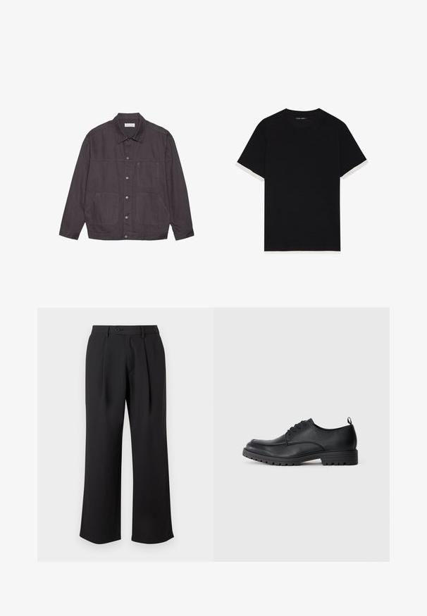 Donkergrijze jas met een kraag, knoopsluiting aan de voorkant en twee grote zakken. Gemaakt van duurzame stof, met subtiele stiksels als accent.; Zwarte t-shirt met korte mouwen van een gestructureerde stof, met witte accenten op de manchetten. ronde halslijn, relaxte pasvorm.; Zwarte wijde broek gemaakt van een gladde stof, met een voorplooien, een knoopsluiting en zijzakken.; Zwarte leren dresschoen met een gladde textuur, ronde neus, vetersluiting aan de voorkant en een stevige rubberen zool met een geprofileerd patroon.