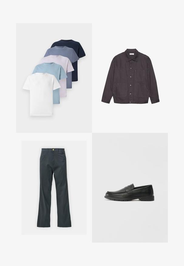 Casaco cinza escuro com gola, fechamento frontal por botões e dois bolsos grandes. Feito de tecido durável, apresenta detalhes de costura sutis.; Cinco t-shirts de gola redonda em várias cores: branco, azul claro, roxo claro, azul escuro e azul marinho. Feitas de algodão com mangas curtas.; Calças pretas com corte reto, feitas de um tecido em mistura de algodão. Apresenta um fecho com botão metálico e bolsos laterais. Sem padrões visíveis.; Sapatos mocassins de couro preto com acabamentos lisos, parte superior em estilo mocassins, detalhes em costura e sola de borracha. Design clássico com um salto baixo.