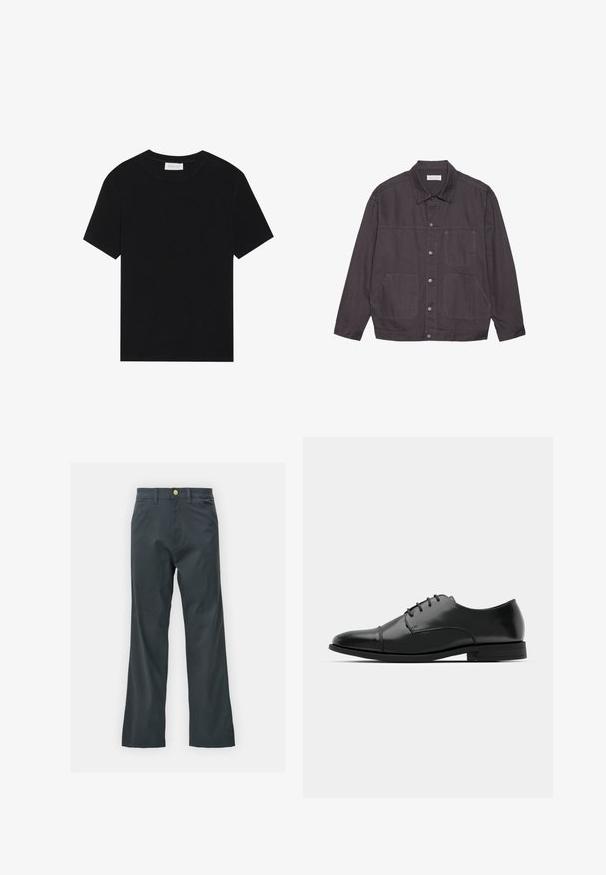 Jachetă de culoare gri închis, cu guler, închidere frontală cu nasturi și două buzunare mari. Fabricată dintr-un material durabil, cu accente de cusătură discrete.; Tricou negru cu maneci scurte, fabricat dintr-un material canelat, având un guler rotund și o siluetă simplă, pătrată.; Pantaloni negri cu croi drept, confecționați dintr-un material din bumbac. Dispun de un închidere cu nasture metalic și buzunare laterale. Fără modele vizibile.; Pantofii negri din piele, cu vârful rotunjit, design cu șireturi, detalii de cusătură subtile și toc joasă. Textura netedă cu un finisaj lustruit.